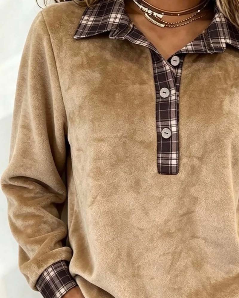 Plaid Patchwork Sweatshirt with Lapel Button Detail