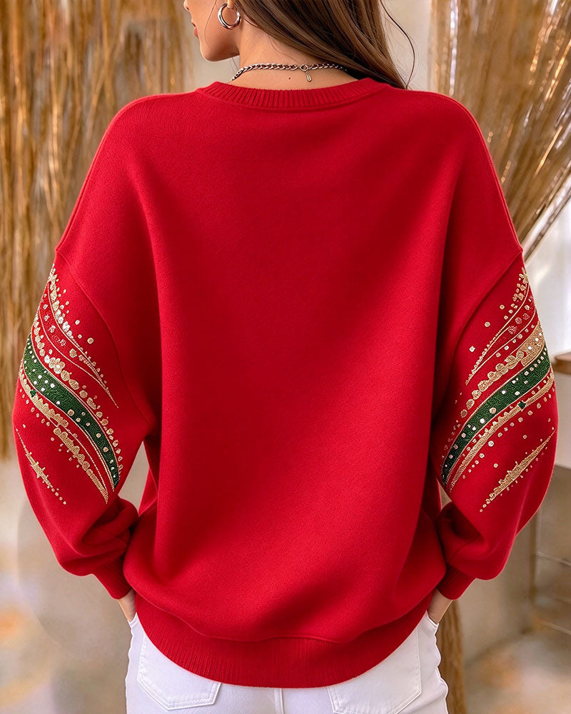 Loose-Fit Long Sleeve Sweatshirt with Christmas Tree Print