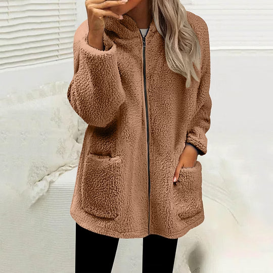 High Collar Women's Fleece Jacket with Zip-Up Closure and Pockets