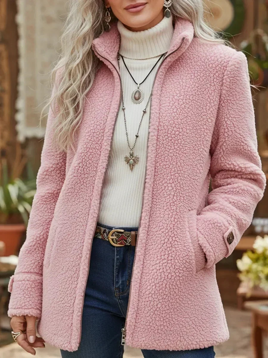 Women's Fluffy Teddy Jacket with Stand-Up Collar | Cozy & Warm