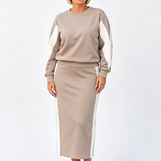 Two-Tone Knit Women's Skirt and Long Sleeve Top Ensemble
