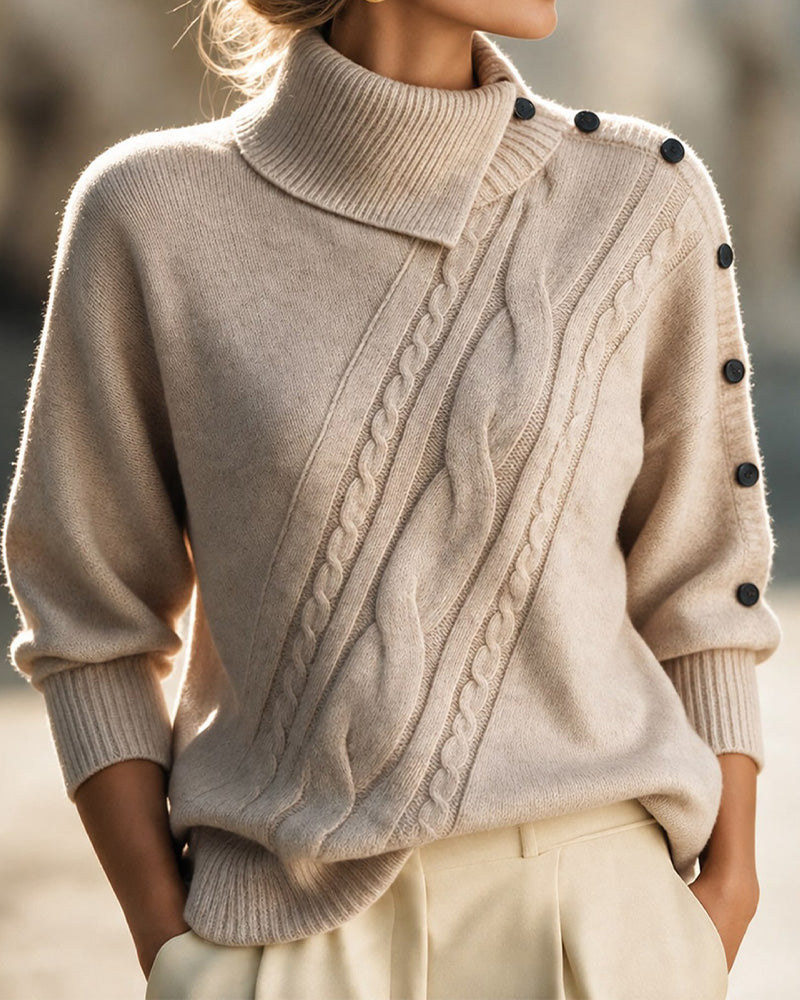 Diagonal Knit Turtleneck Pullover with Button Details