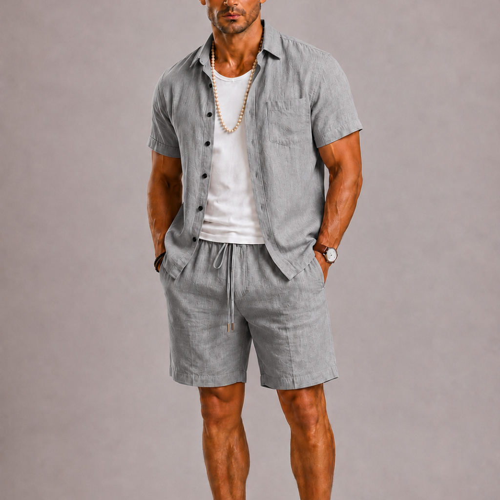 Men's Summer Set with Short Sleeves and Drawstring Shorts