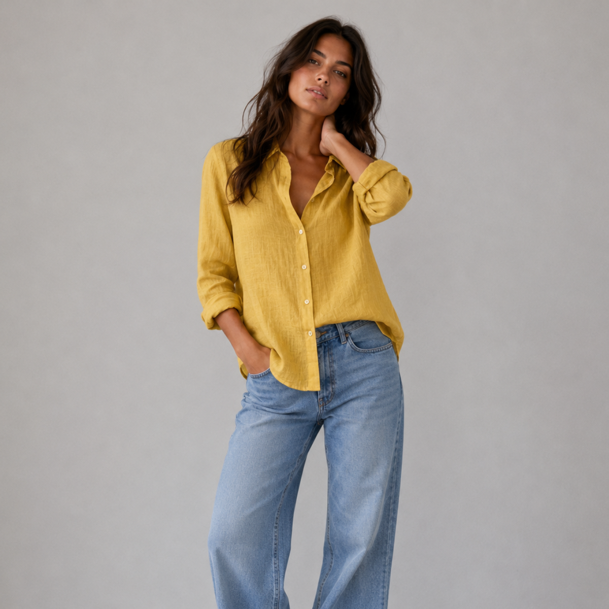 Summer Linen Blend Button-Up Blouse