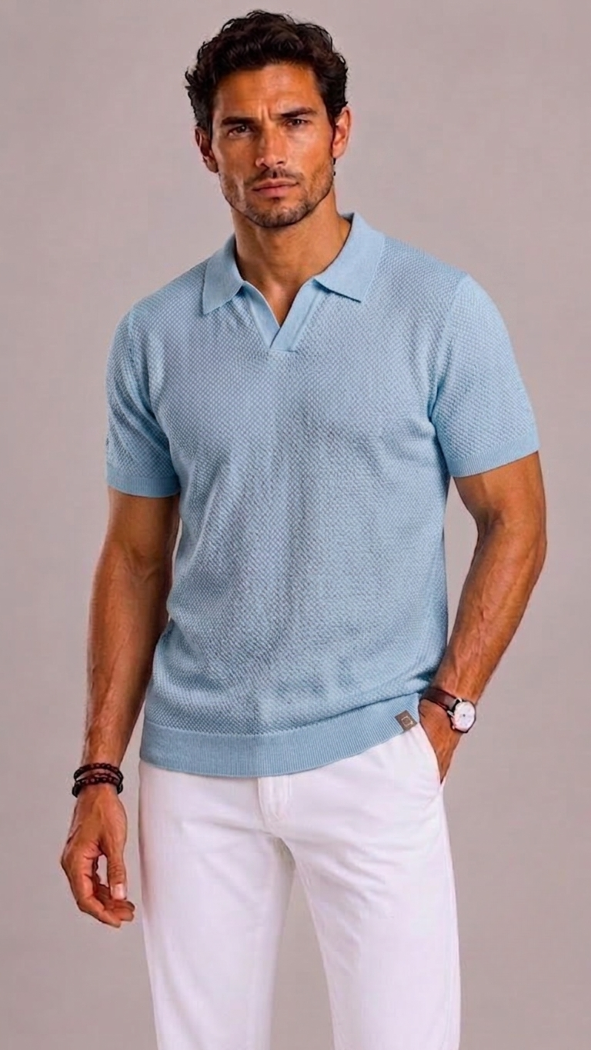 Men's Polo with Open Collar and Knitted Texture