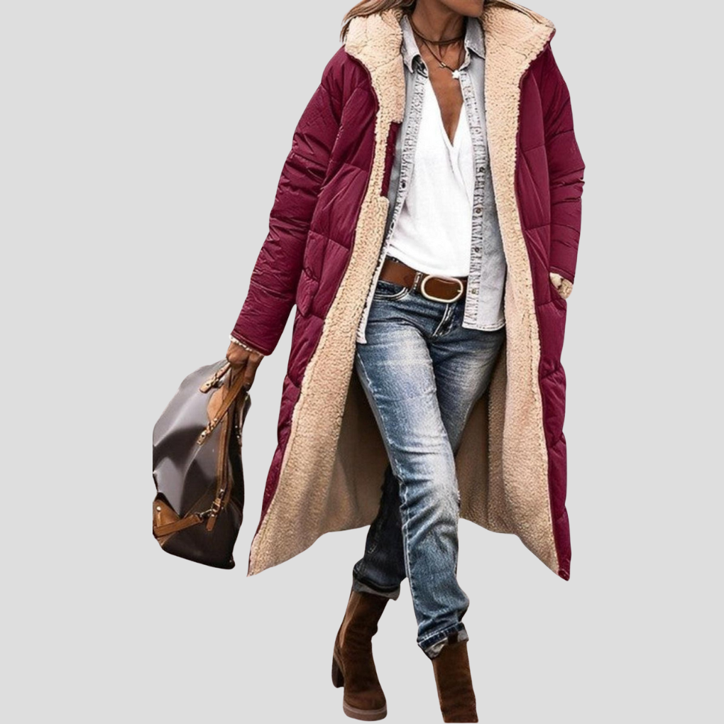 Reversible Women's Long Winter Coat with Hood and Cozy Teddy Lining