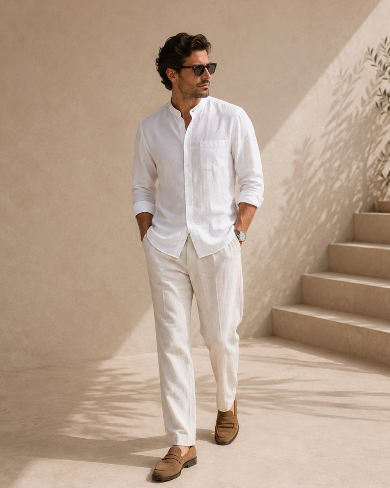 Men’s Mandarin Collar Shirt – Relaxed Fit Textured Cotton Shirt