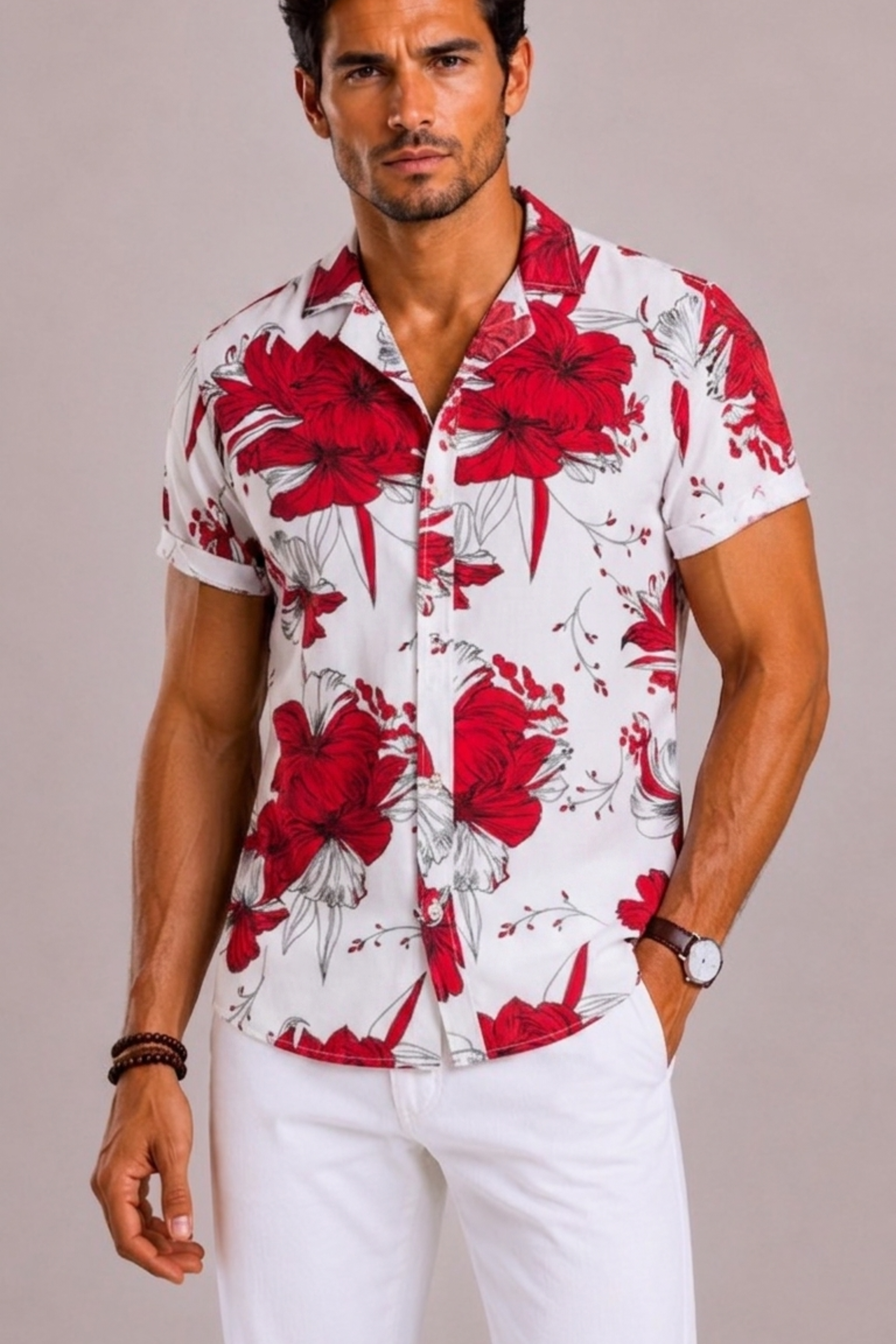 Men's Shirt with Tropical Floral Print and Short Sleeves