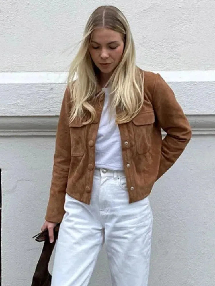 Suede Jacket for Women with Chest Pockets