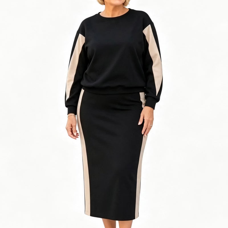 Two-Tone Knit Women's Skirt and Long Sleeve Top Ensemble