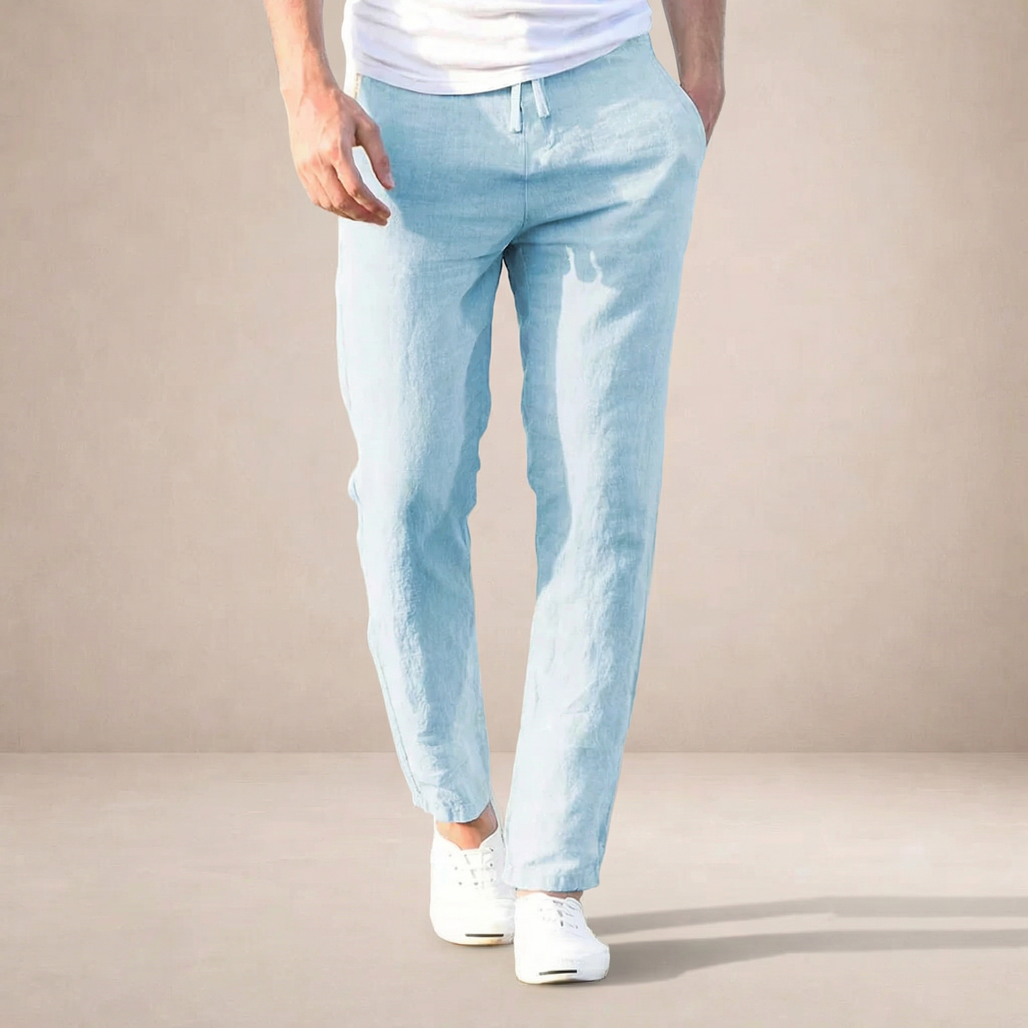 Linen Summer Trousers Men Regular Fit Breathable Material Elastic Waist