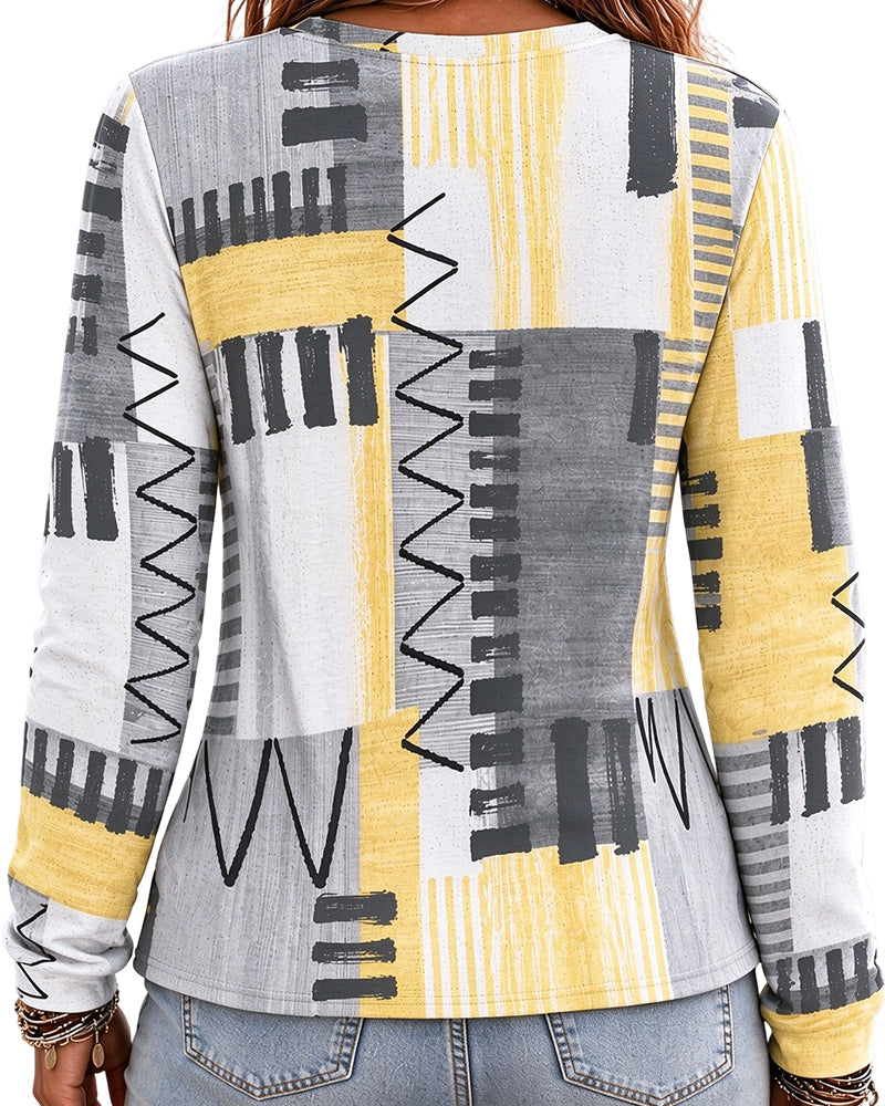 Geometric Print Long Sleeve Crew Neck Top