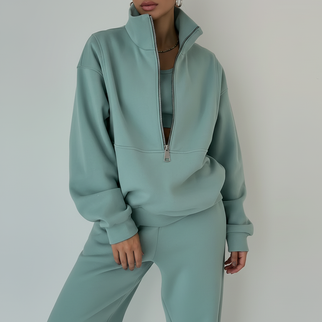 Sporty Ladies' Set Regular Fit Jumper with Half Zip Trousers Casual