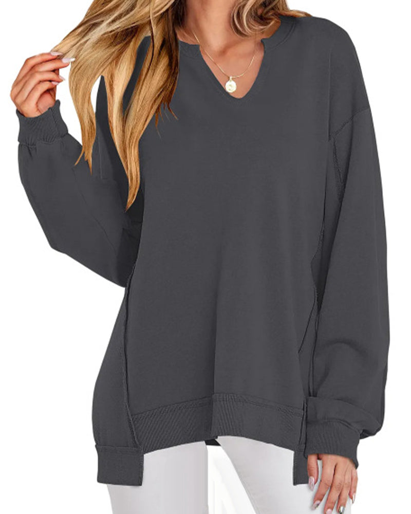 Relaxed Fit V-Neck Solid Color Sweatshirt