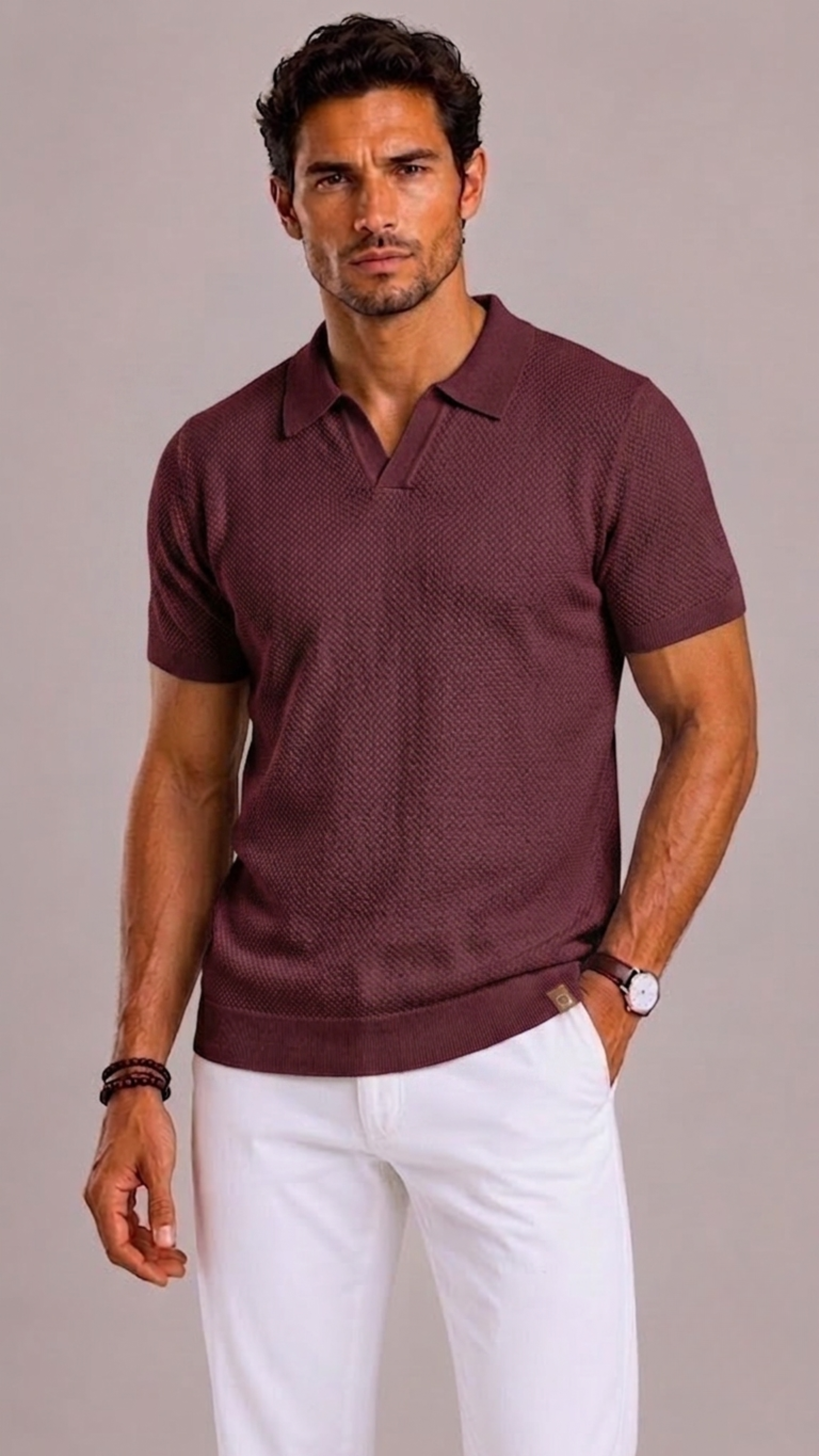 Men's Polo with Open Collar and Knitted Texture