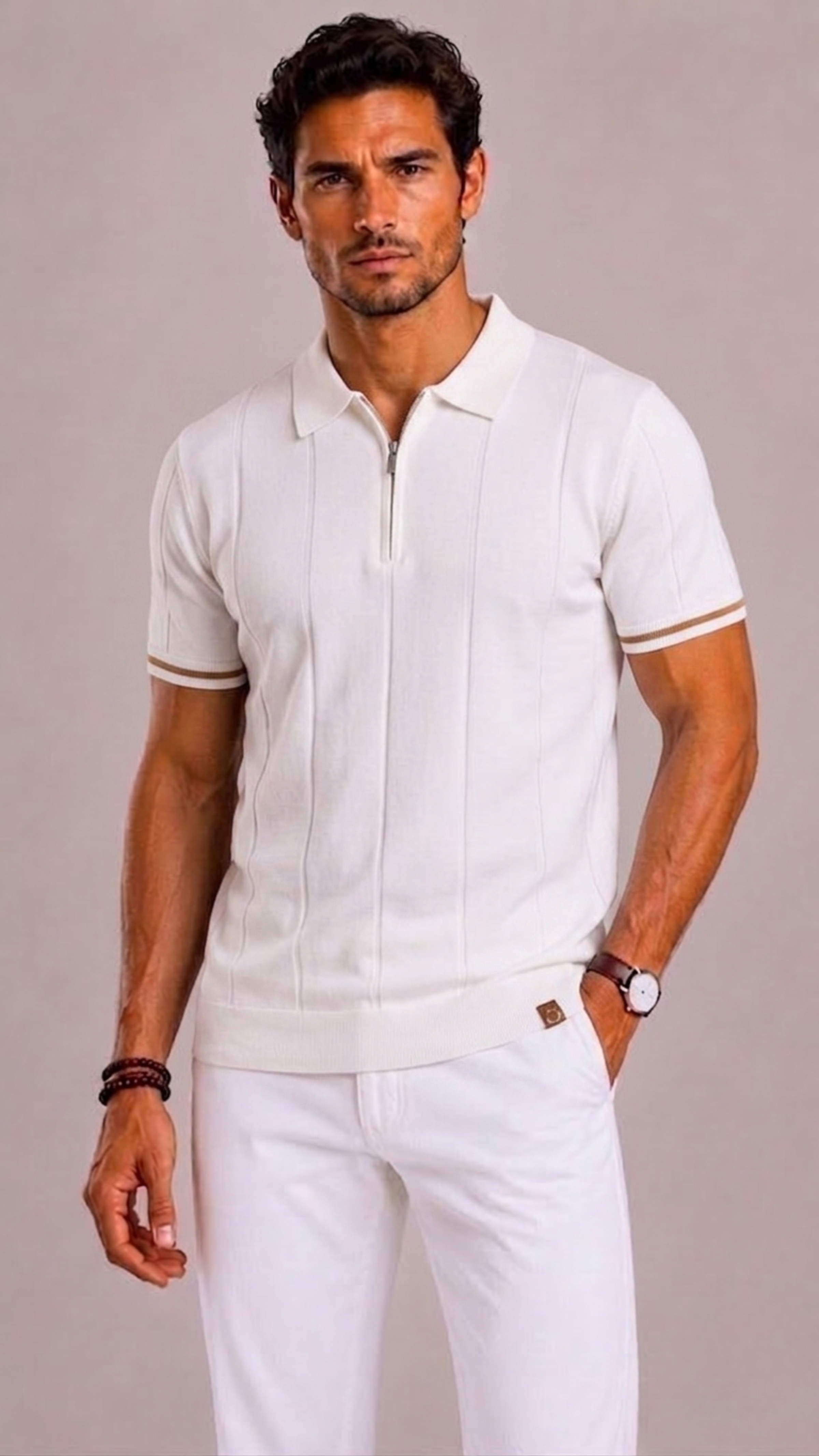 Men's Polo with Short Zip and Striped Cuffs