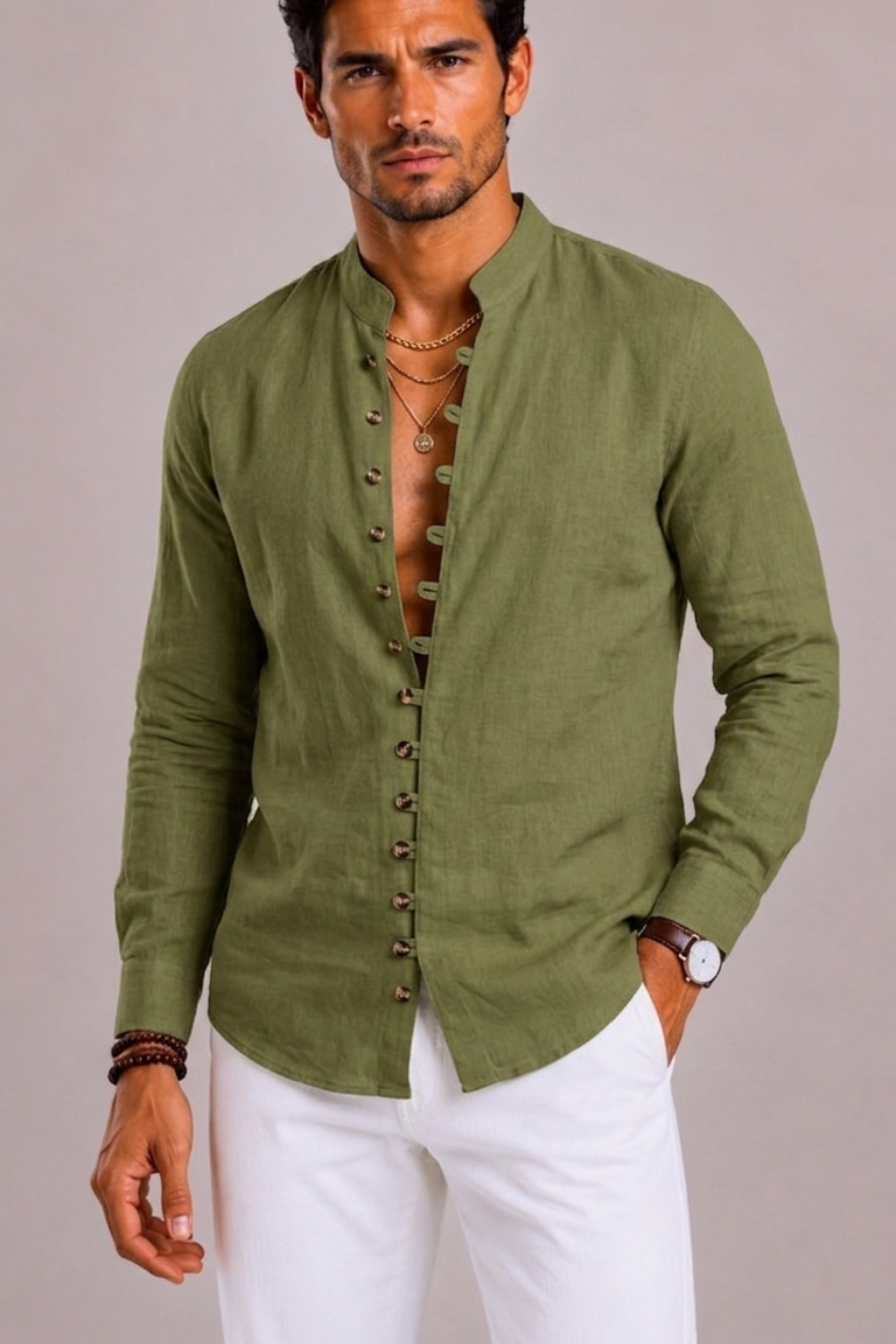 Men's Shirt with Stand-Up Collar and Long Sleeves