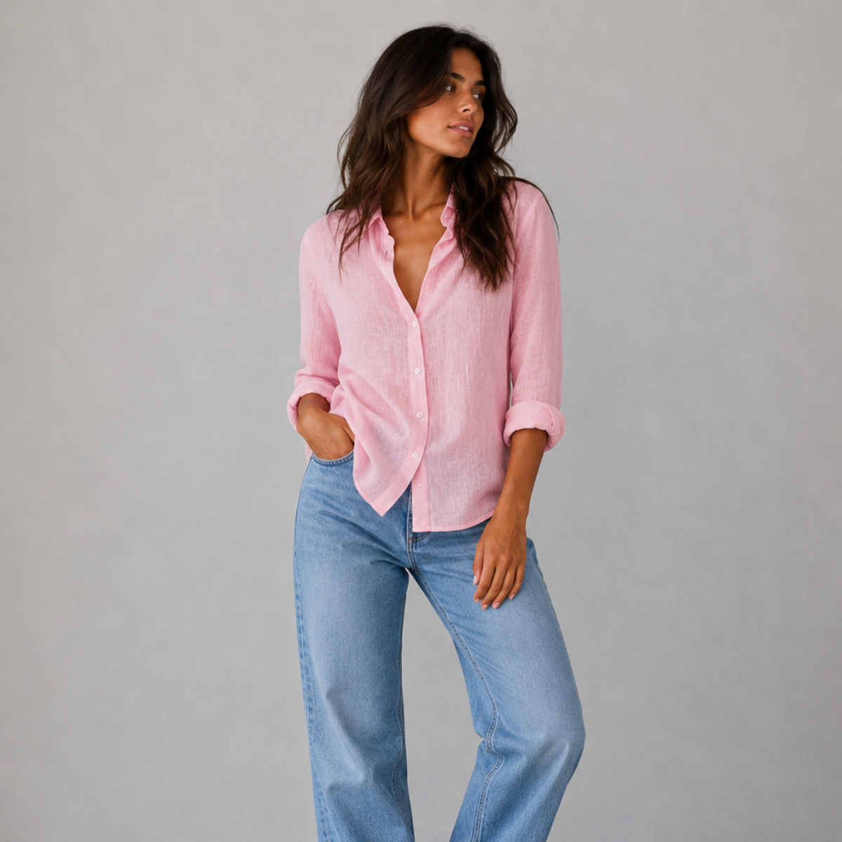 Summer Linen Blend Button-Up Blouse