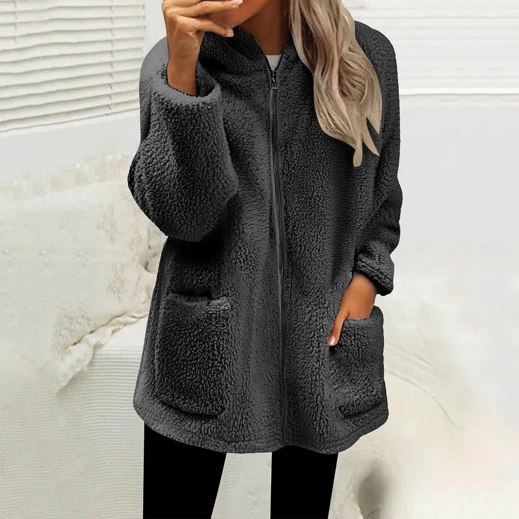 High Collar Women's Fleece Jacket with Zip-Up Closure and Pockets