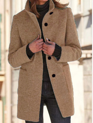 Maja Women's Slim Fit Coat with Stand Collar, Buttons, and Pockets
