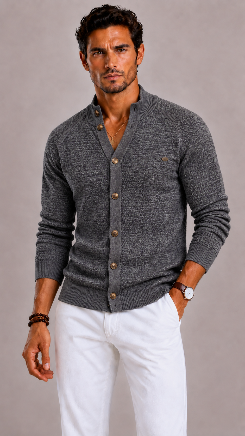 Men's Knitted Cotton Cardigan with Classic Fit