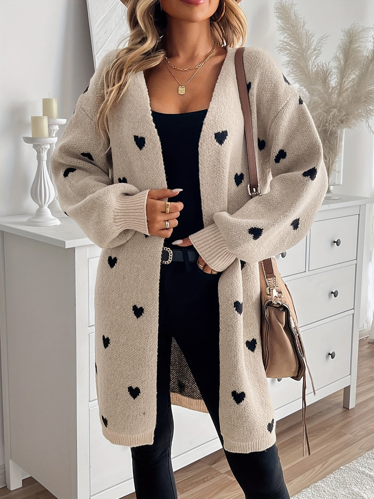 Open Front Women's Cardigan with Heart Pattern