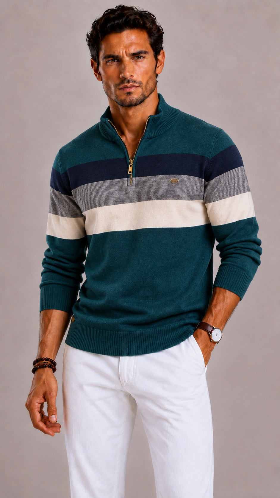 Men's Striped Jumper with Round Neck and Regular Fit