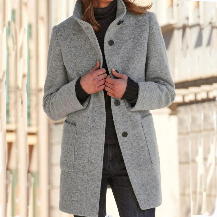 Maja Women's Slim Fit Coat with Stand Collar, Buttons, and Pockets