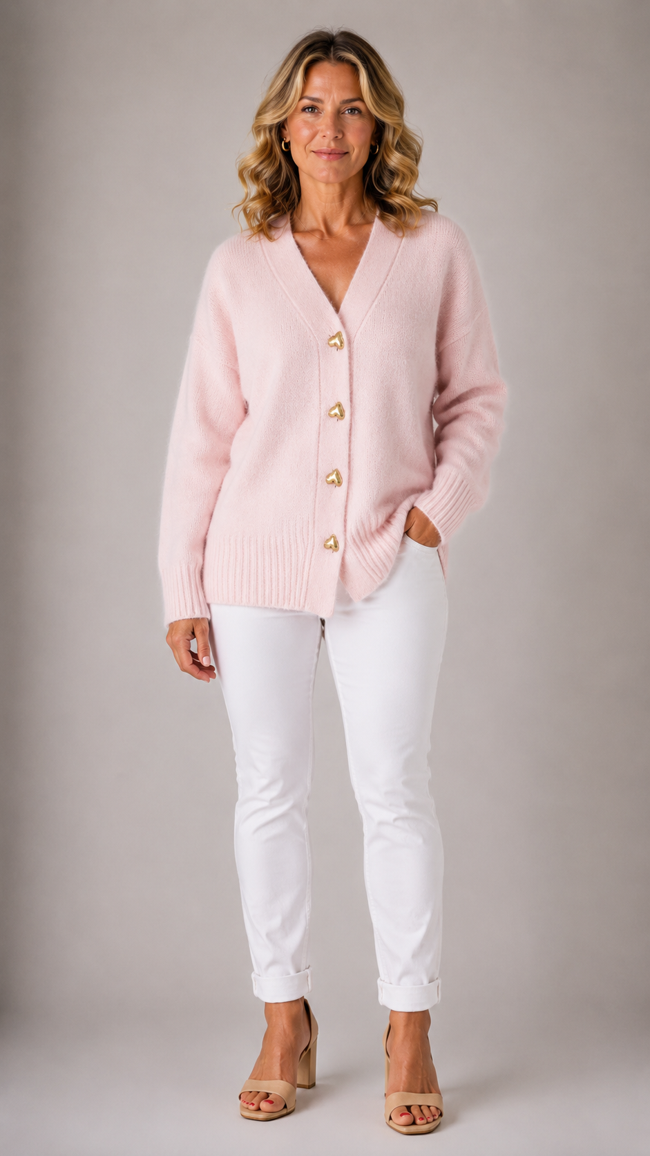 Ladies' cardigan with V-neck and heart buttons