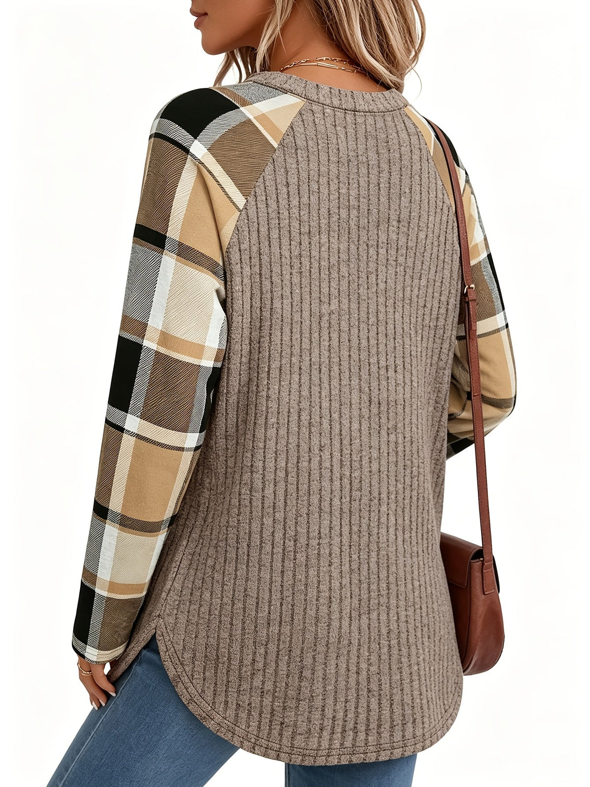 Audrey | Ribbed Top with Checkered Sleeves