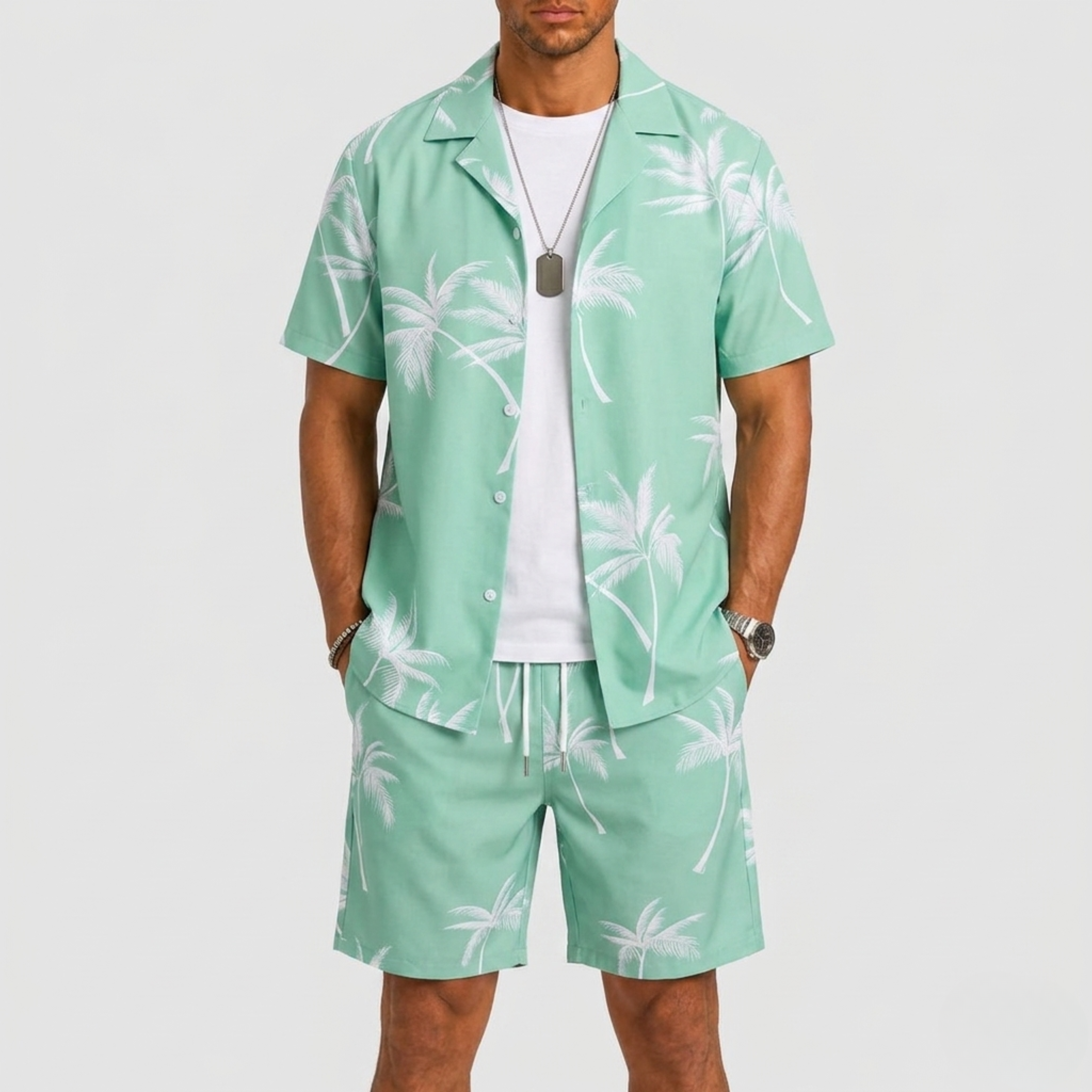 Men's Summer Set with Palm Print and Short Sleeves