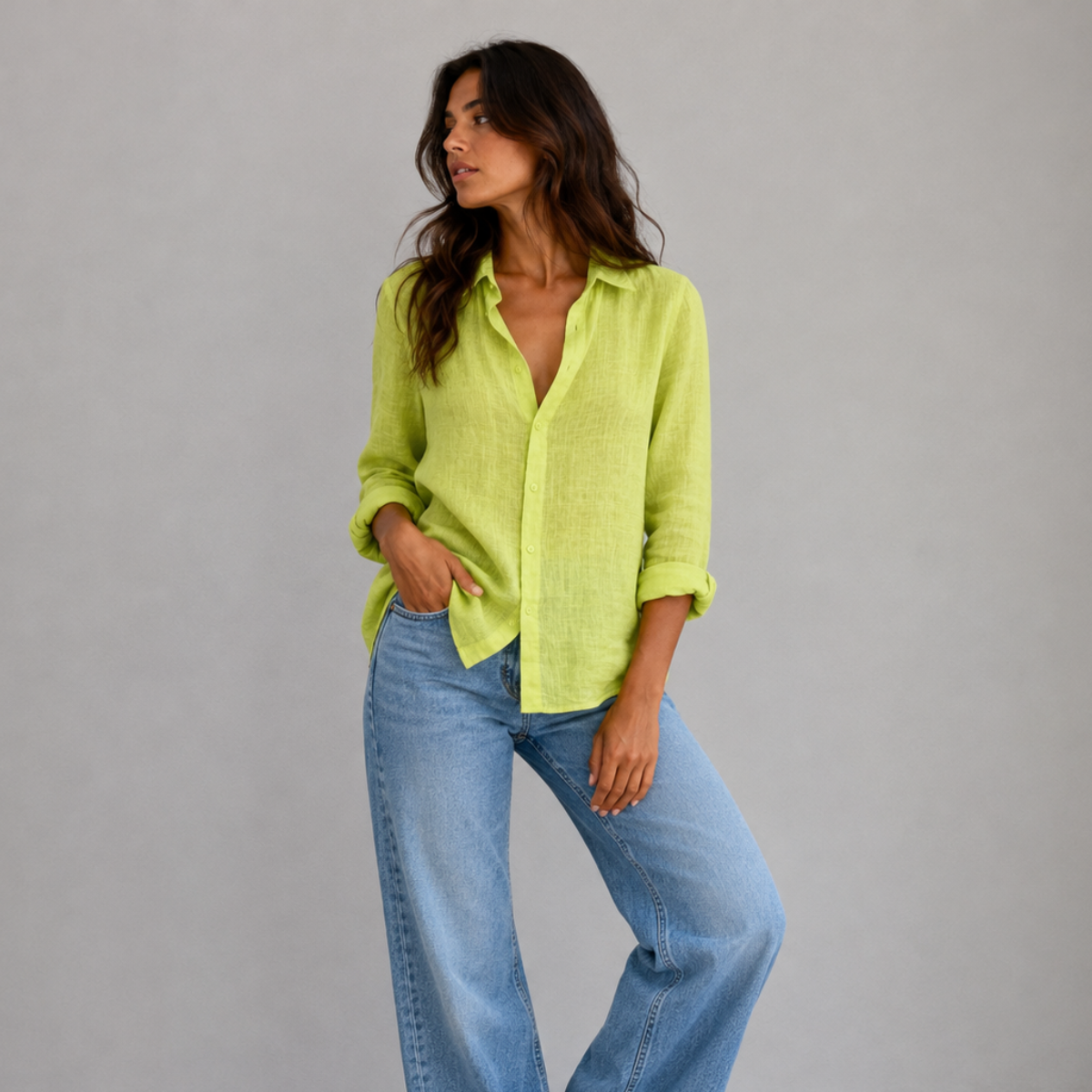 Summer Linen Blend Button-Up Blouse