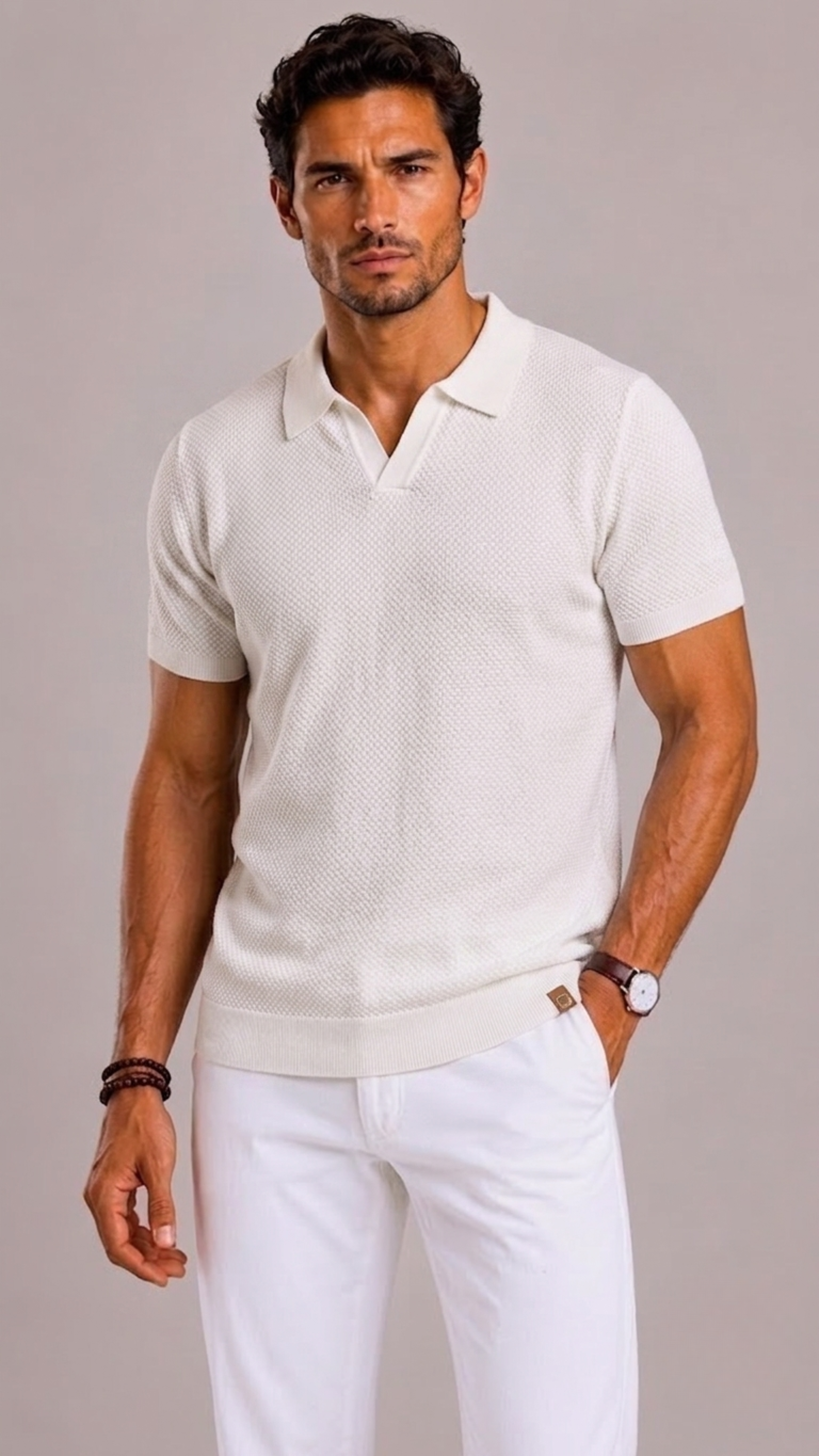 Men's Polo with Open Collar and Knitted Texture