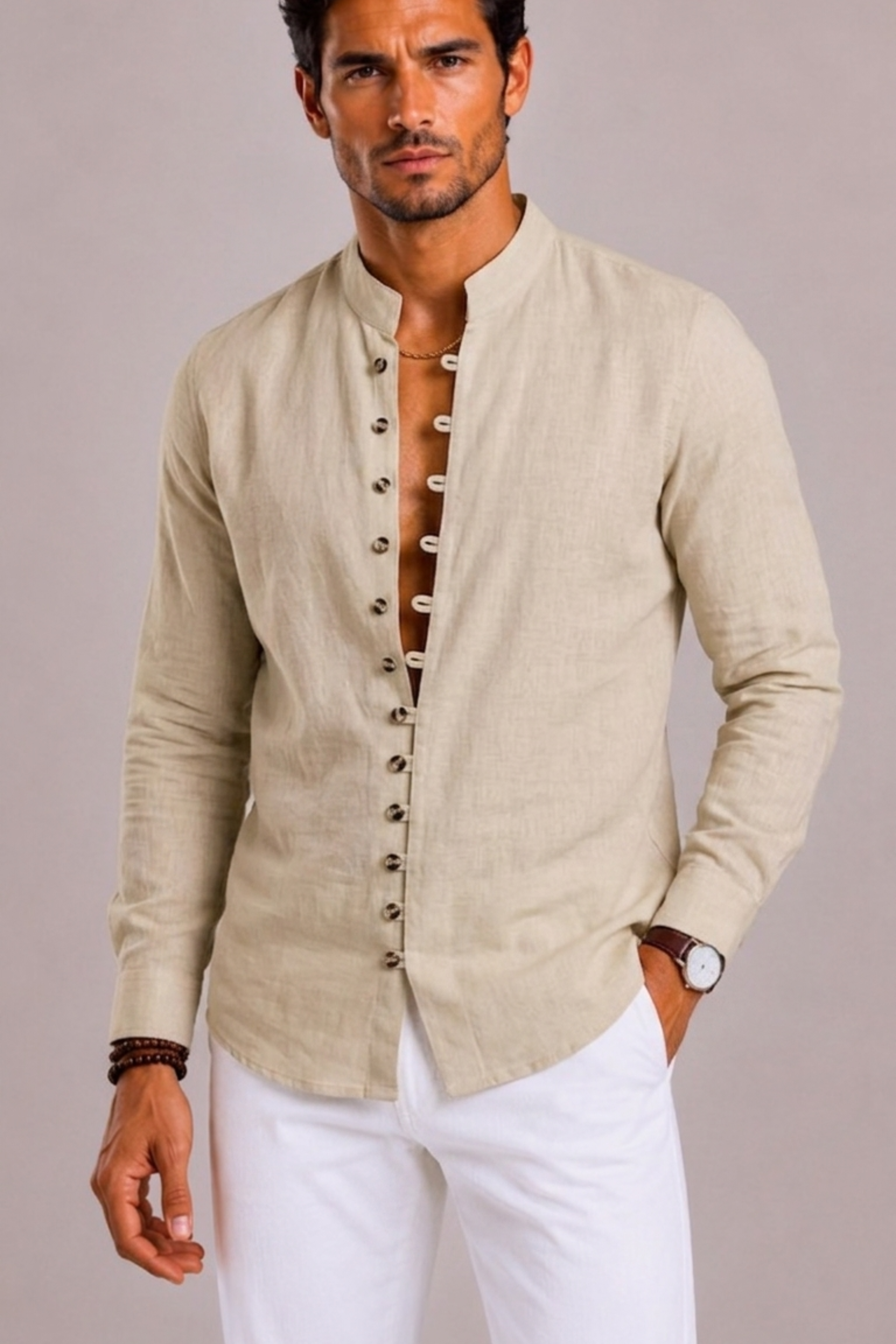 Men's Shirt with Stand-Up Collar and Long Sleeves