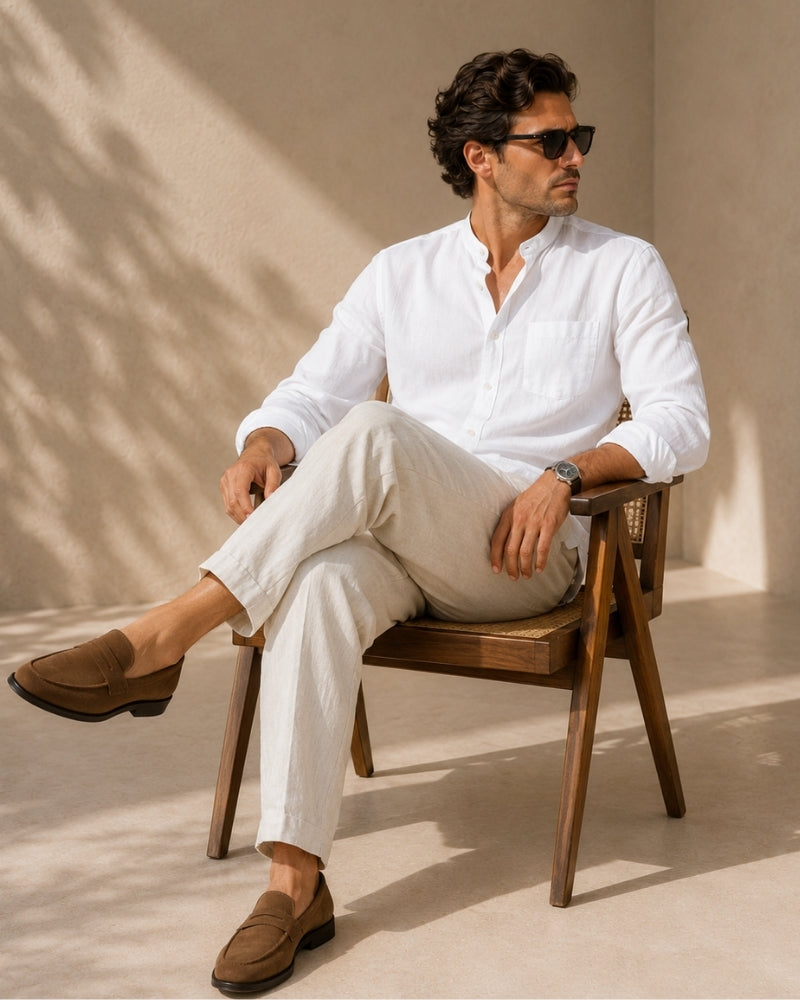 Men’s Mandarin Collar Shirt – Relaxed Fit Textured Cotton Shirt