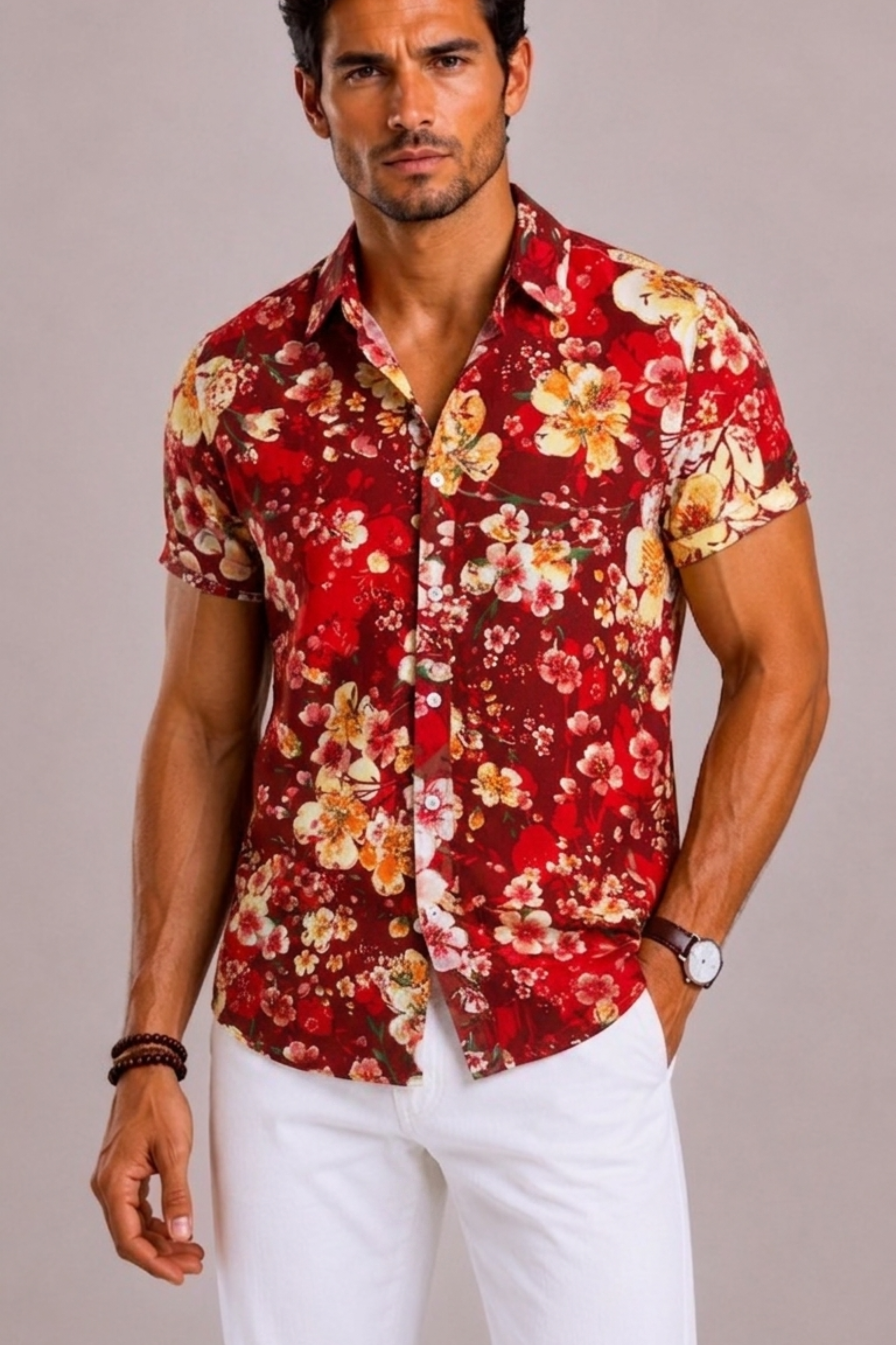 Men's Shirt with Tropical Floral Print and Short Sleeves