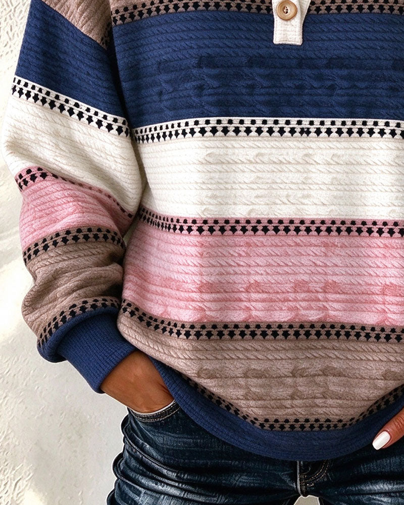 Color-Block Striped V-Neck Button Sweatshirt