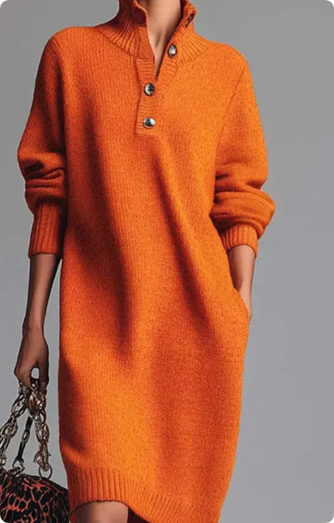 Louise | Loose-Fit Long-Sleeve Dress with Stand-Up Collar and Button Details