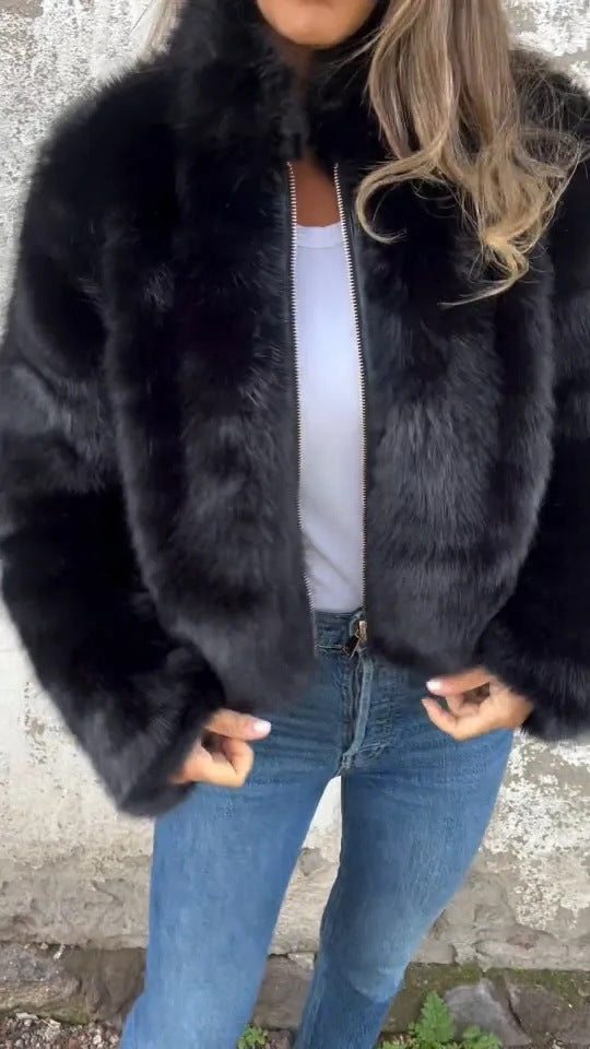 Emma | Women's Soft and Warm Faux Fur Jacket with High Collar and Zip