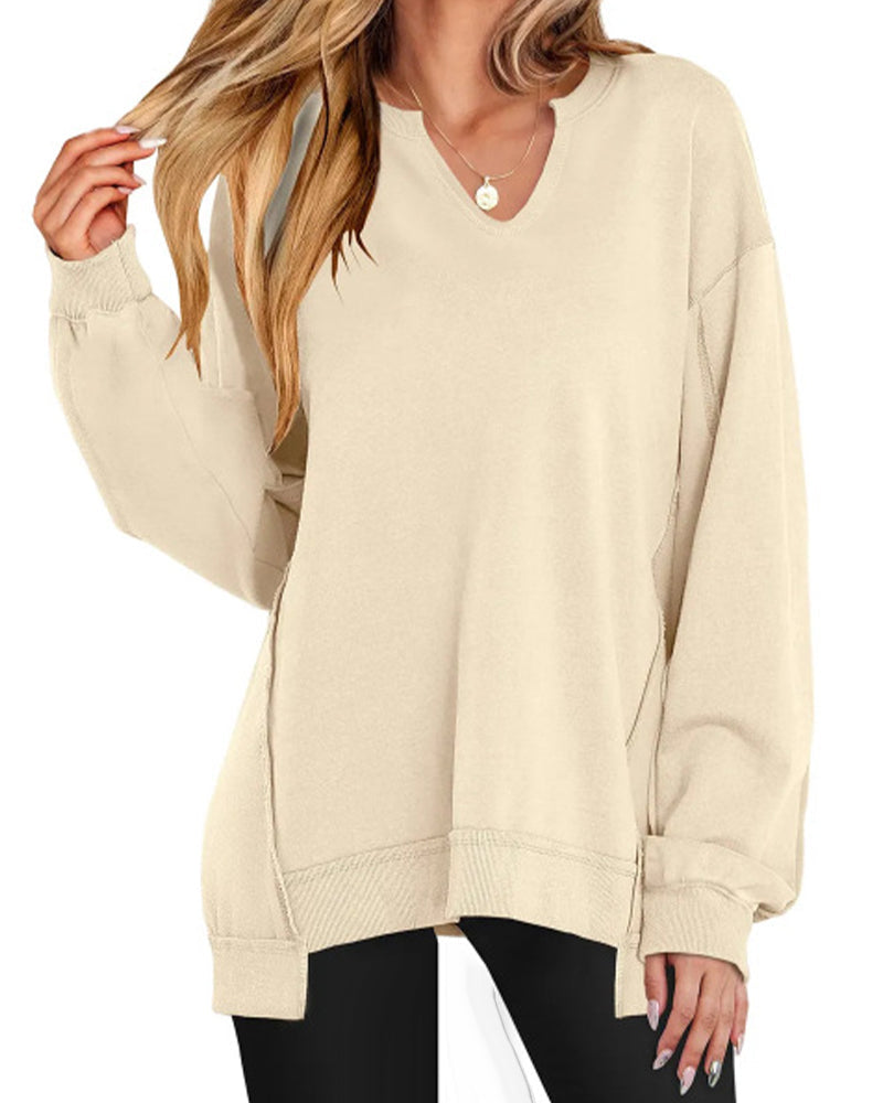 Relaxed Fit V-Neck Solid Color Sweatshirt