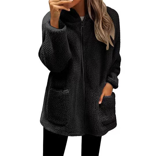 High Collar Women's Fleece Jacket with Zip-Up Closure and Pockets
