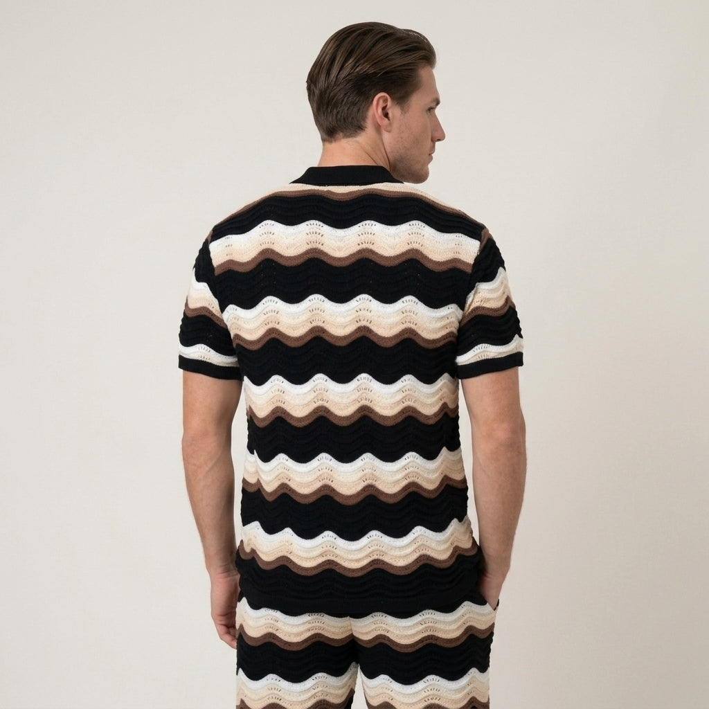 Knitted Summer Set with Notched Collar and Wave Pattern for Men