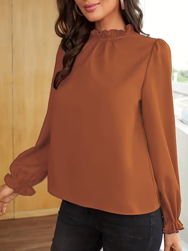 Women's Ruffled Collar Blouse with Puff Sleeves and Loose Fit Cuffs