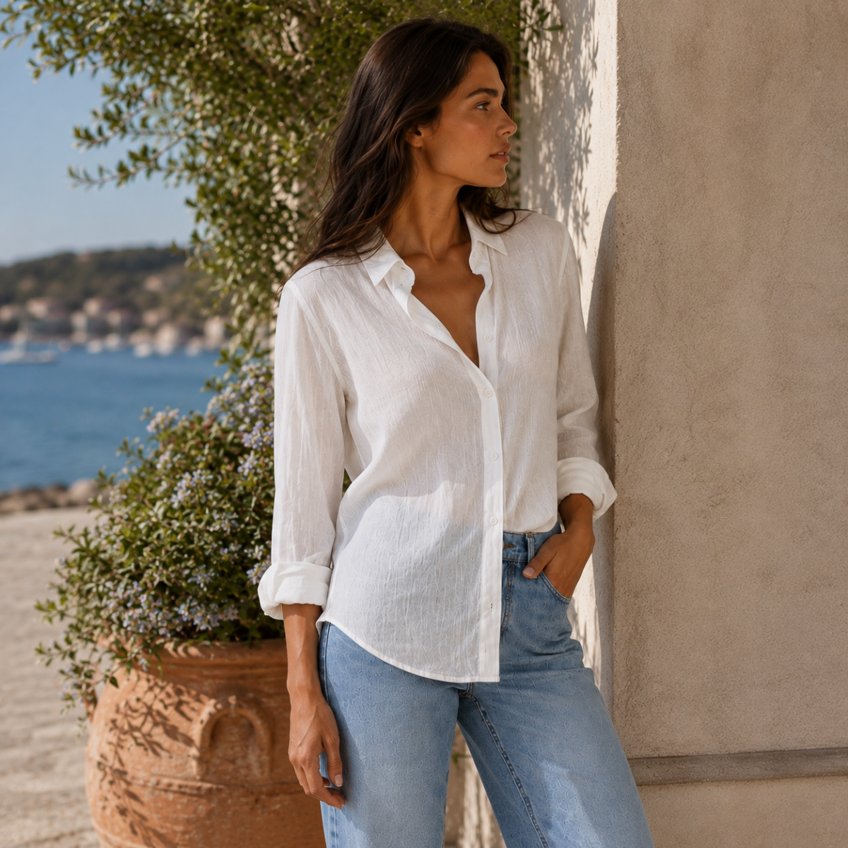 Summer Linen Blend Button-Up Blouse