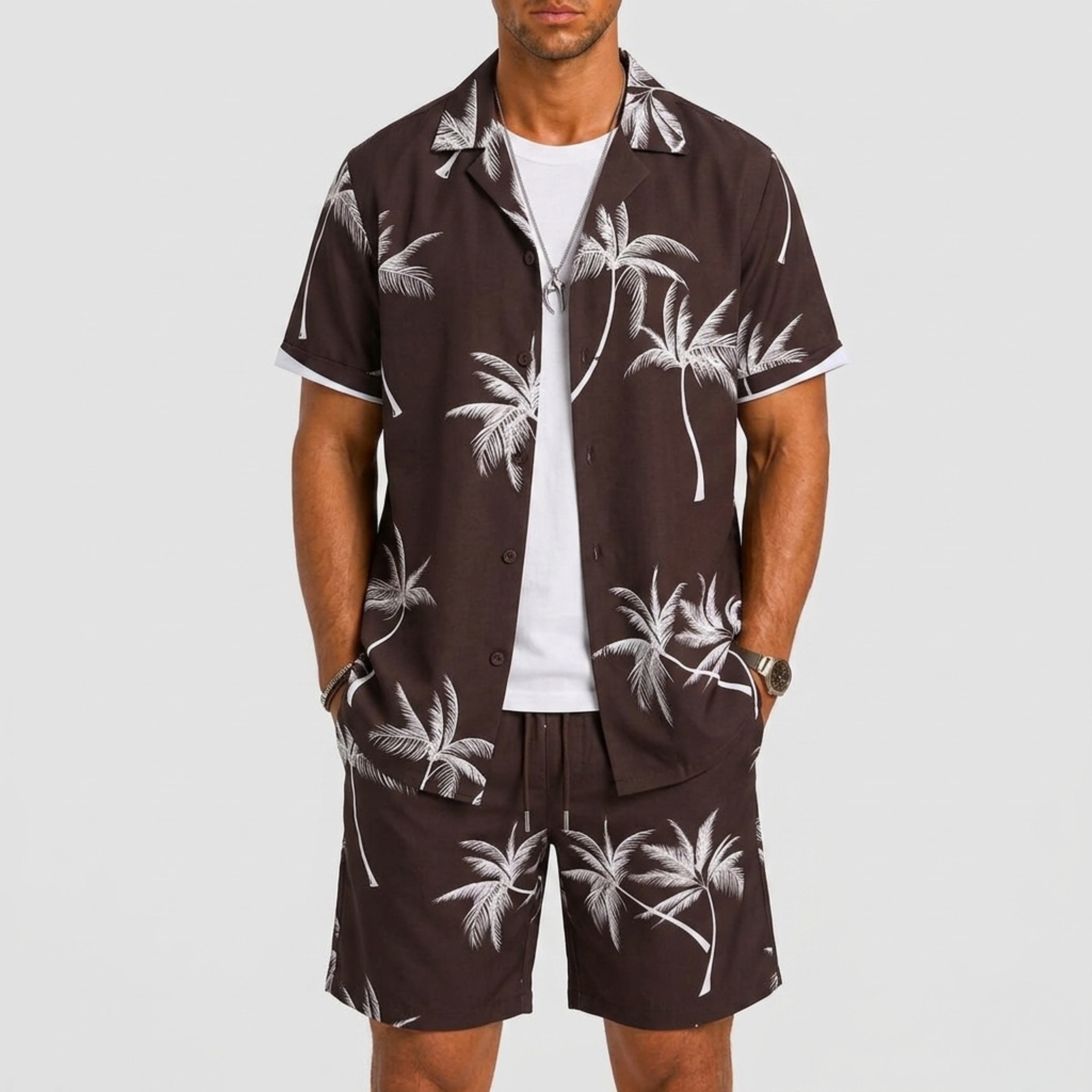 Men's Summer Set with Palm Print and Short Sleeves