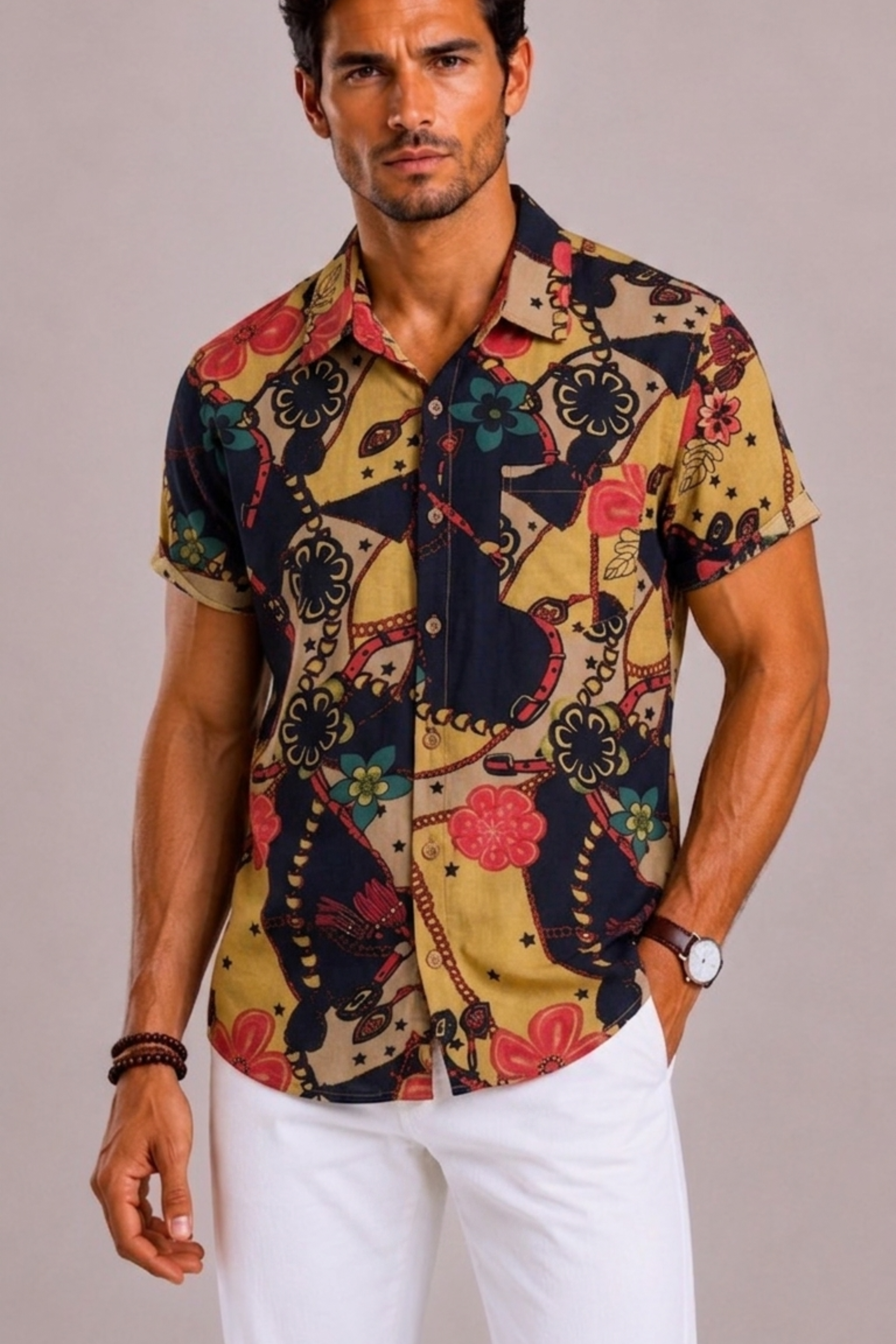 Men's Shirt with Tropical Floral Print and Short Sleeves