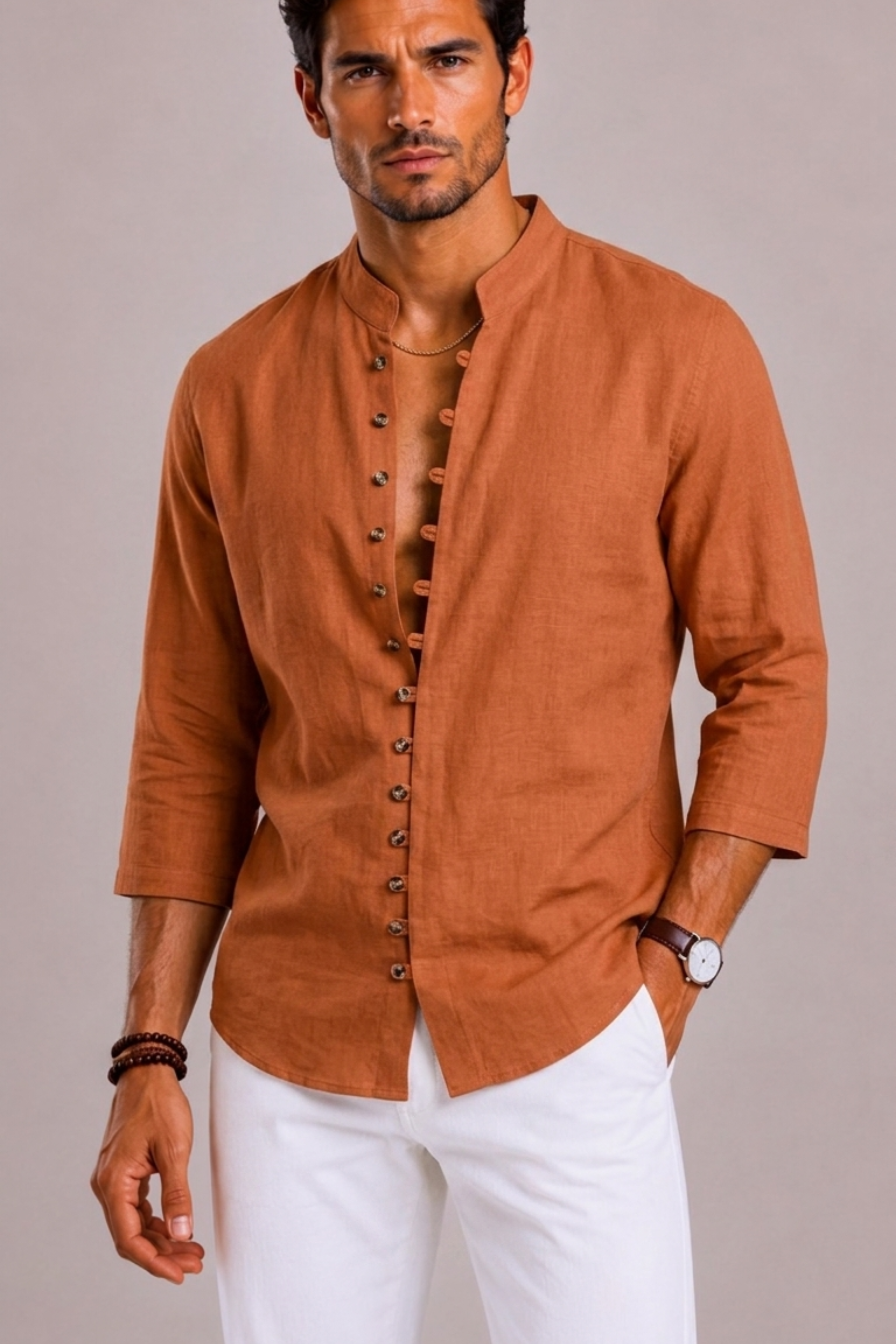 Men's Shirt with Stand-Up Collar and Long Sleeves