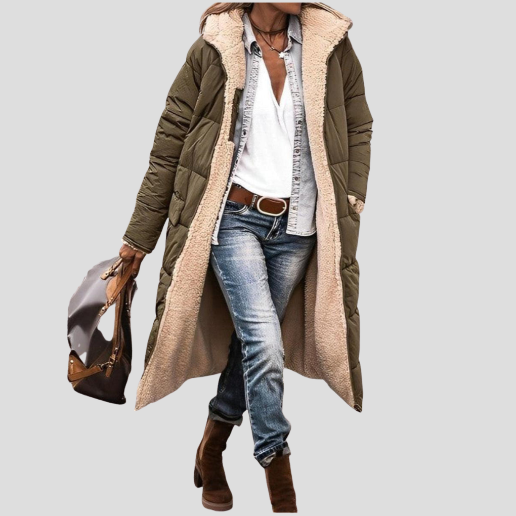 Reversible Women's Long Winter Coat with Hood and Cozy Teddy Lining