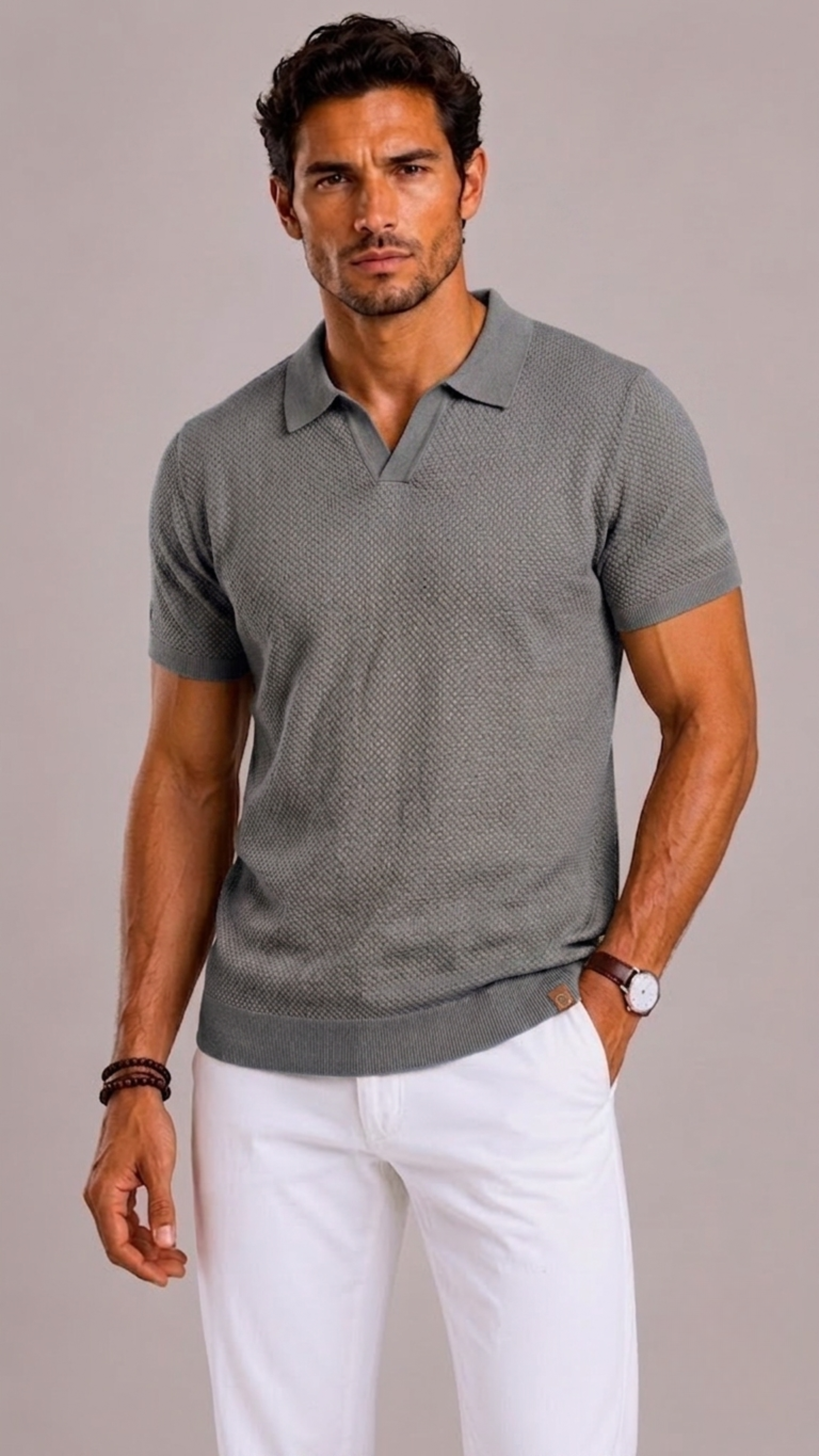 Men's Polo with Open Collar and Knitted Texture