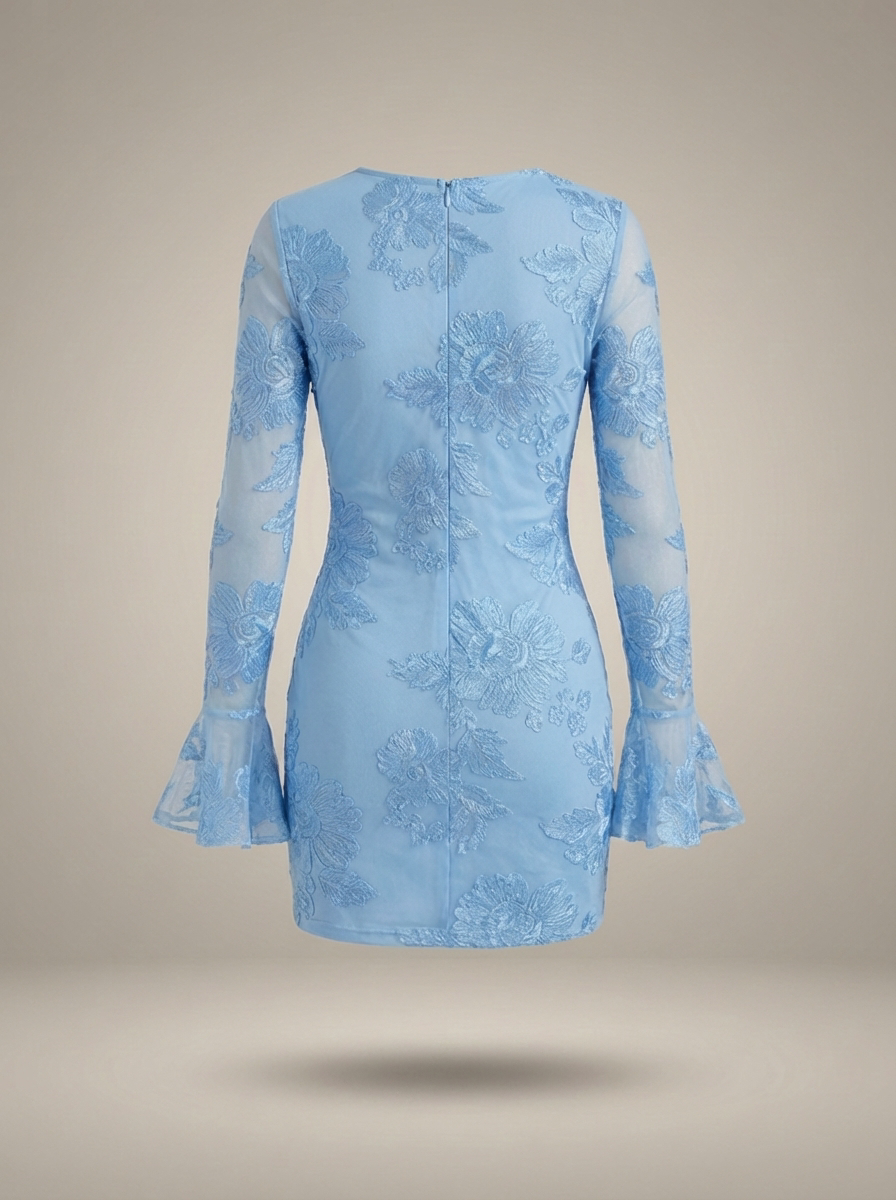 Mini Dress for Ladies Fitted Floral Print Flare Sleeves Festive